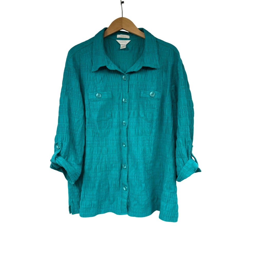 CJ Banks Teal Blue Crinkle Texture Button Down Shirt 2X 3/4 Sleeve Stretch